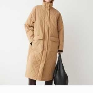Long quilted camel puffer coat